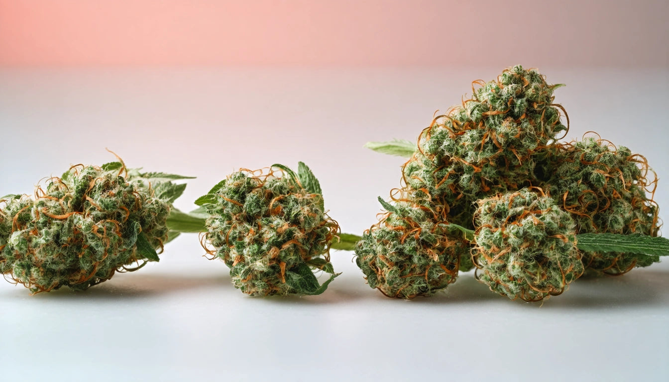 Green, textured plant buds with orange strands and leaves on a white surface, against a pink gradient background