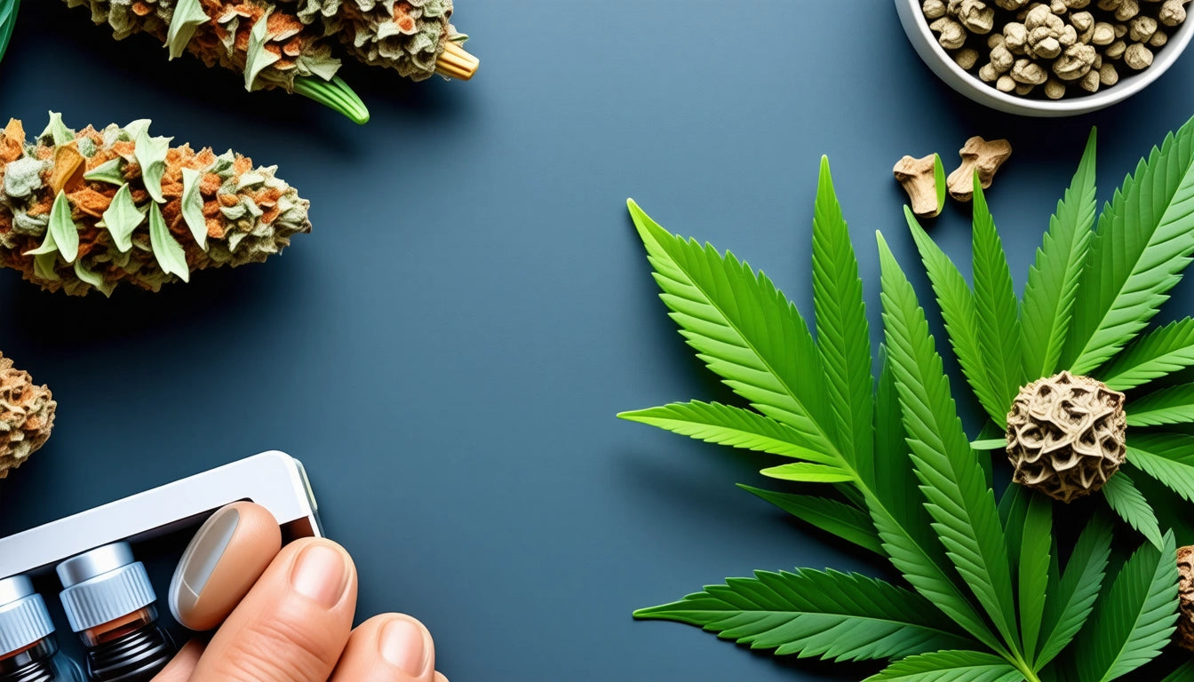 Hand holding dropper bottles, cannabis leaves, buds, and seeds on a dark surface