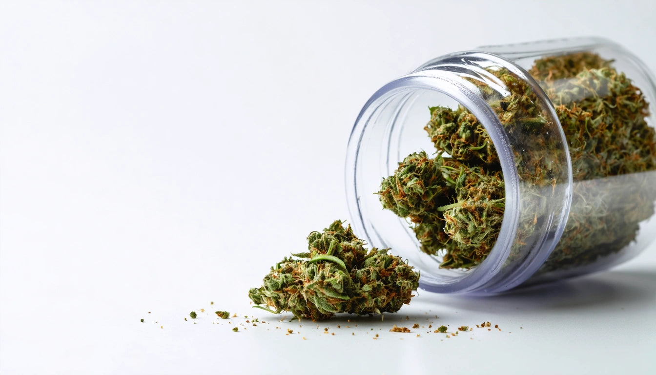 Glass jar tipped over with green, leafy buds spilling out onto a white surface