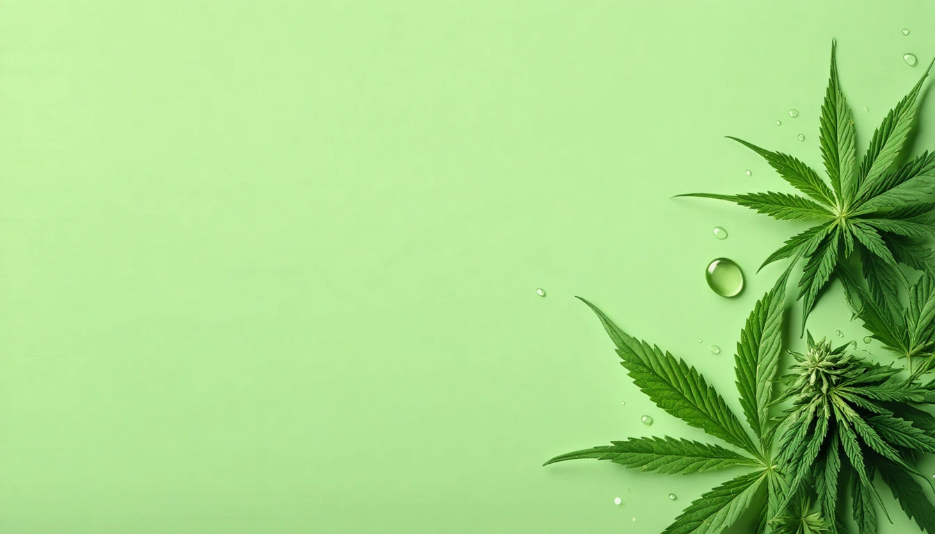 Green leaves with water droplets on the right against a light green background
