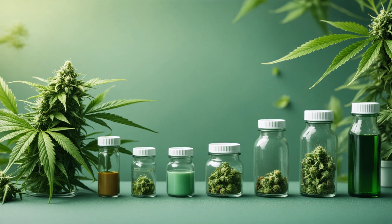 Seven glass jars with white lids, filled with green substances, next to cannabis plant on a green background