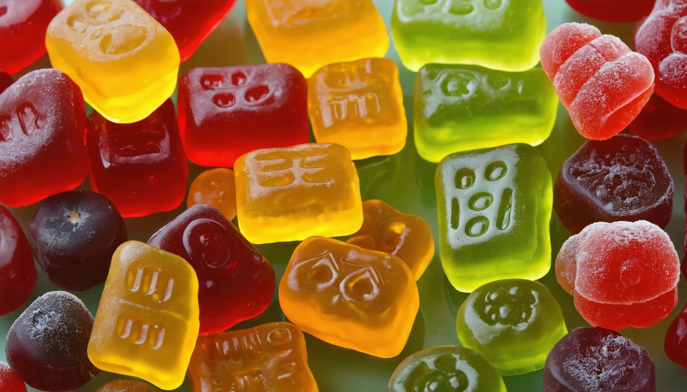 Assorted colorful gummy candies, including red, yellow, and green pieces, some with frosted sugar coating