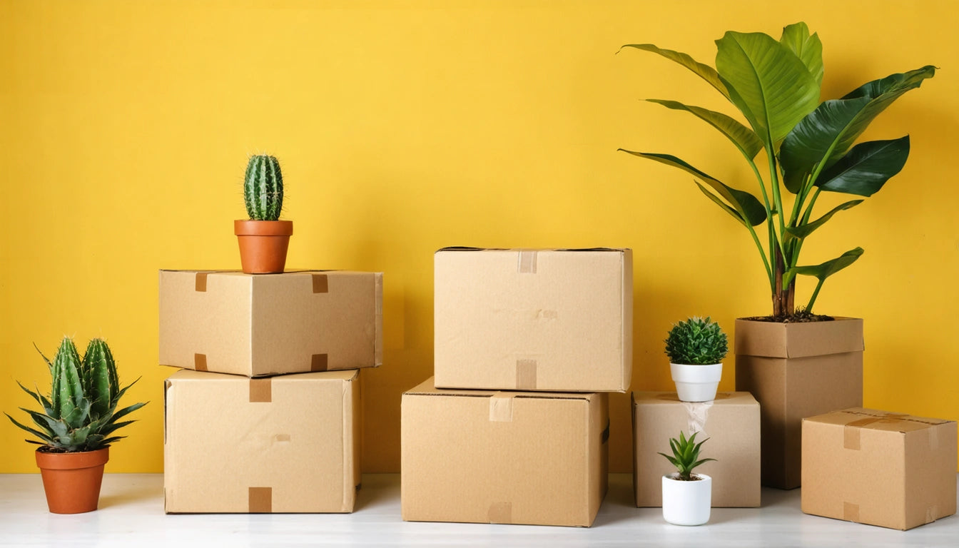 Cardboard boxes stacked against a yellow wall, with potted plants including cacti and a large leafy plant