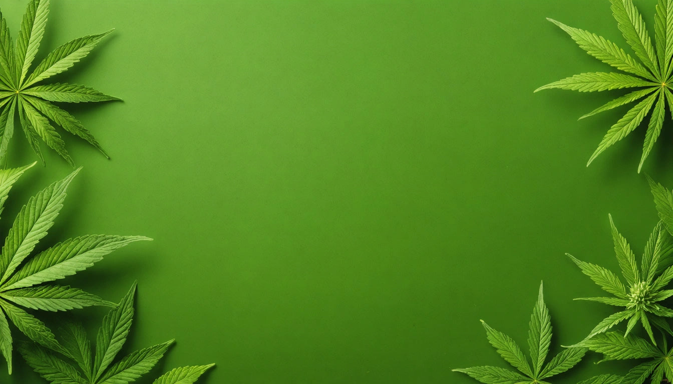 Green leaves with serrated edges frame a solid green background, leaves positioned in corners