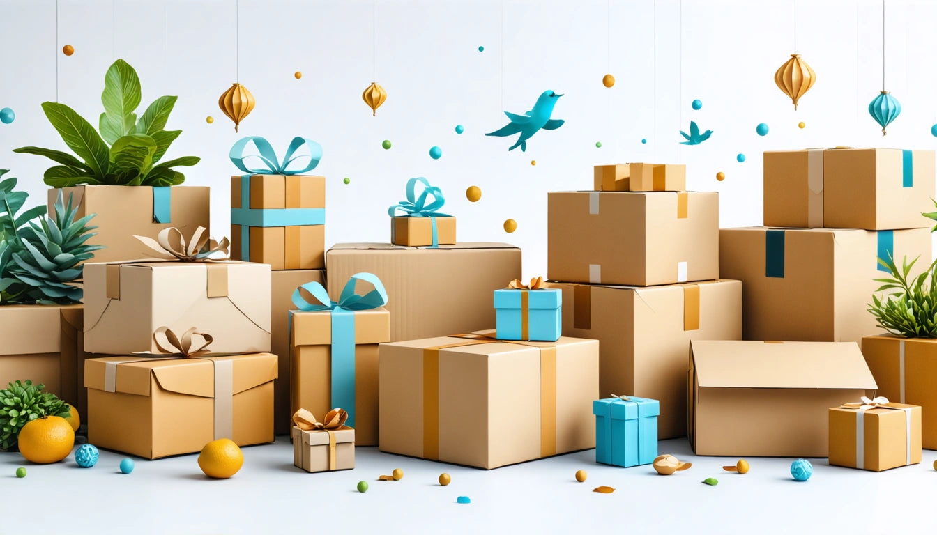 Stacked cardboard boxes with blue and brown ribbons, surrounded by green plants, orange and blue ornaments, and a blue bird