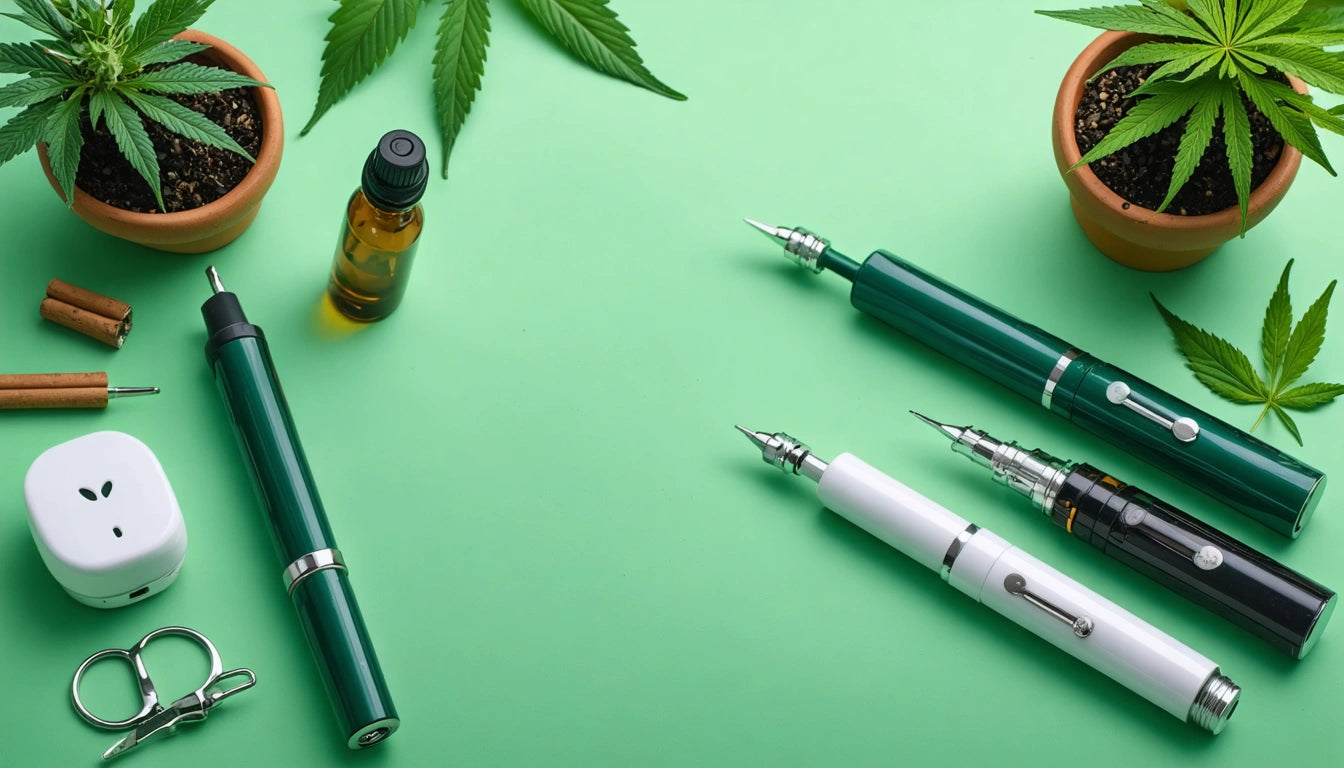 Green and white vape pens, small bottle, potted plants with serrated leaves, and a power adapter on a green surface