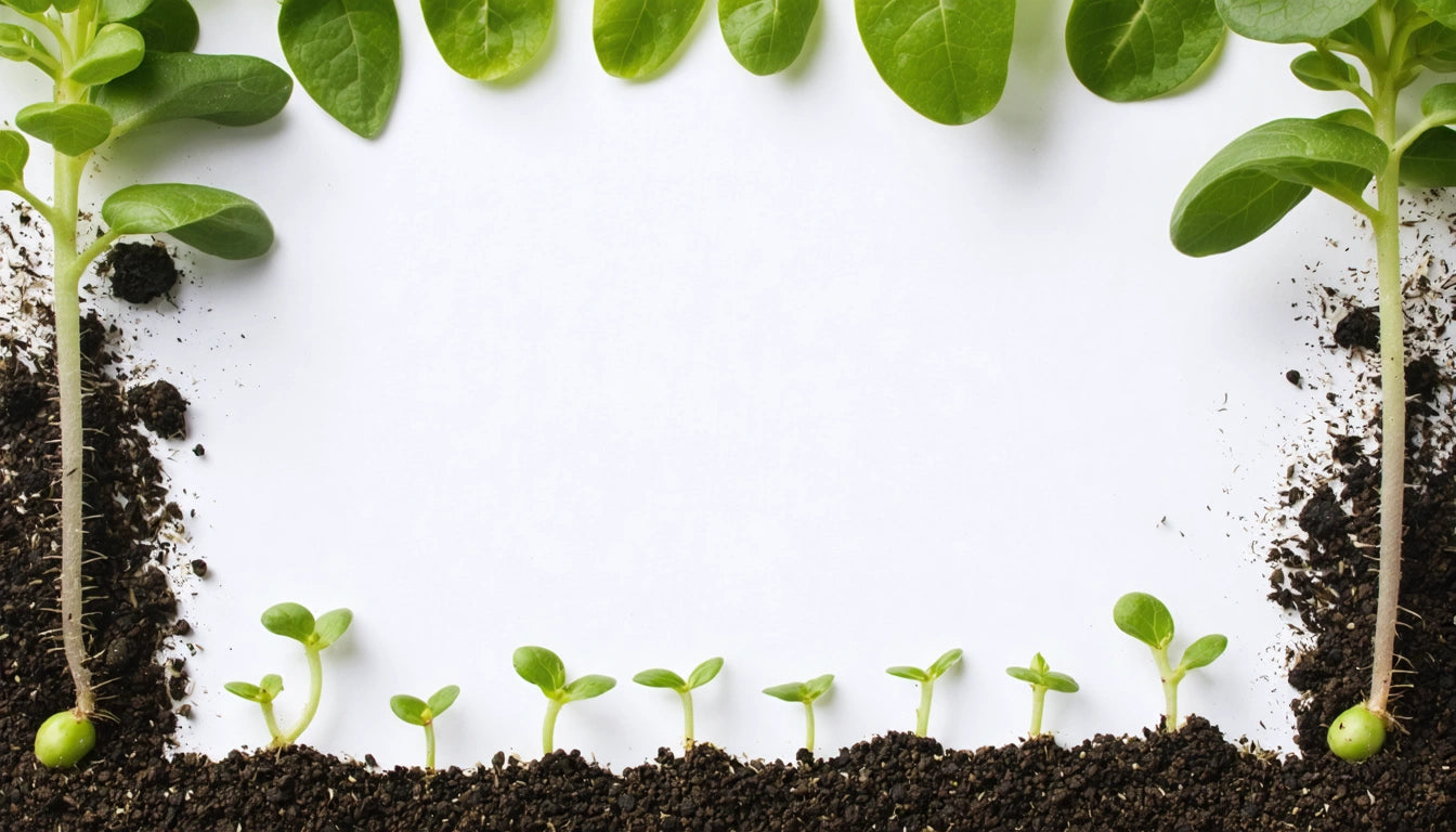 Green seedlings sprouting from dark soil, framed by larger green leaves at the top, against a white background