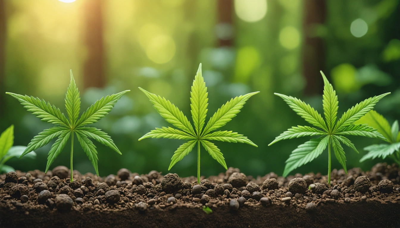 Three green plants with pointed leaves growing in soil, blurred forest background, sunlight filtering through trees