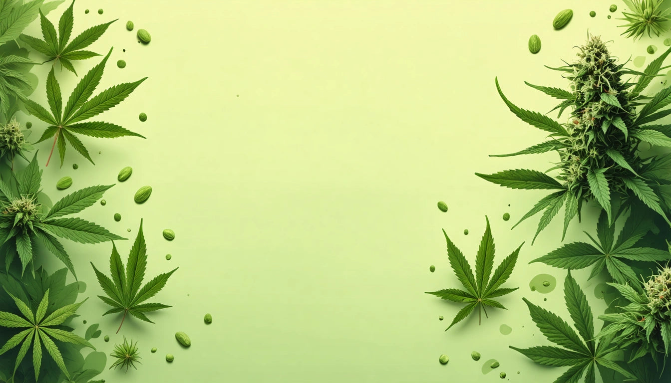 Green leaves and small seeds scattered around the edges of a light green background, forming a border