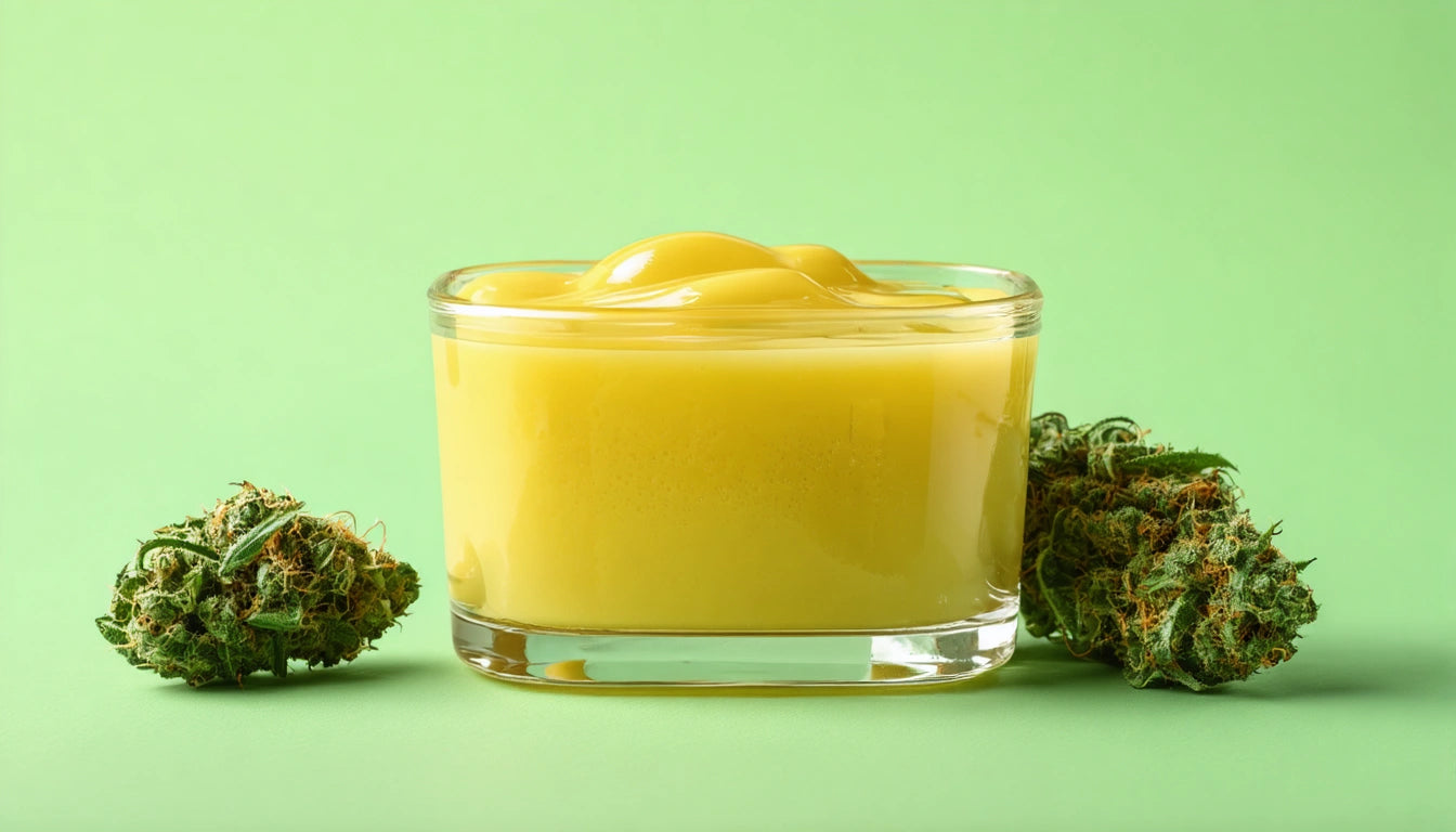 Glass container filled with yellow cream, flanked by two green, textured buds on a light green background