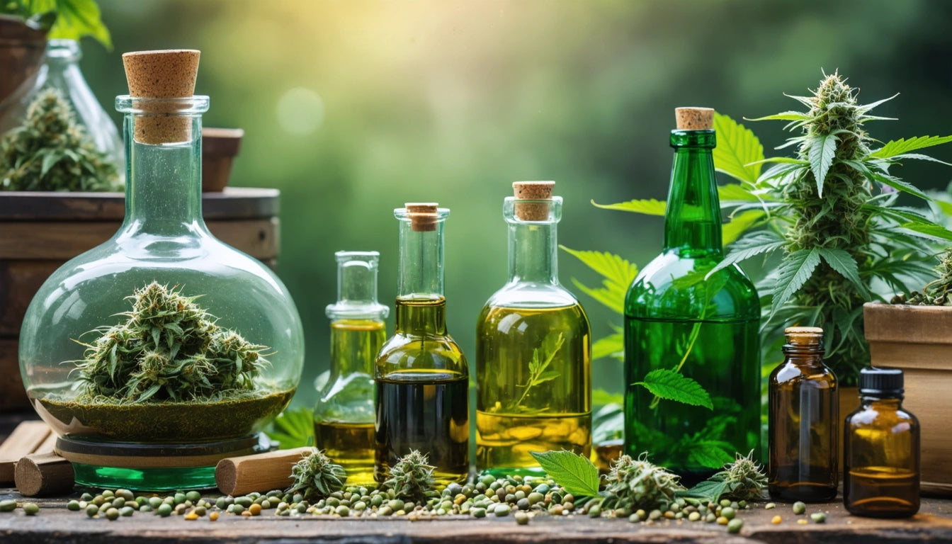 Glass bottles with corks filled with green and amber liquids, surrounded by hemp leaves and seeds on a wooden surface