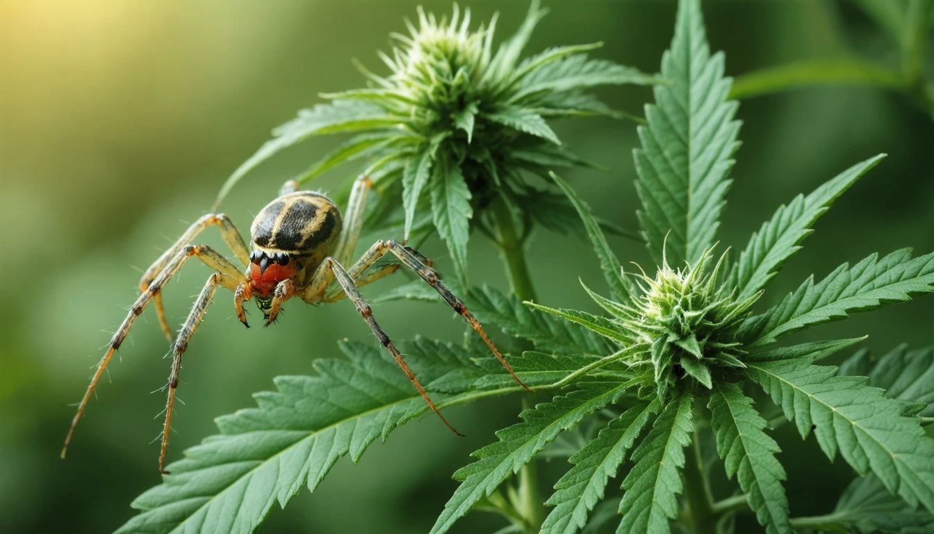 Spider with striped body and long legs on green spiky plant leaves, soft focus background