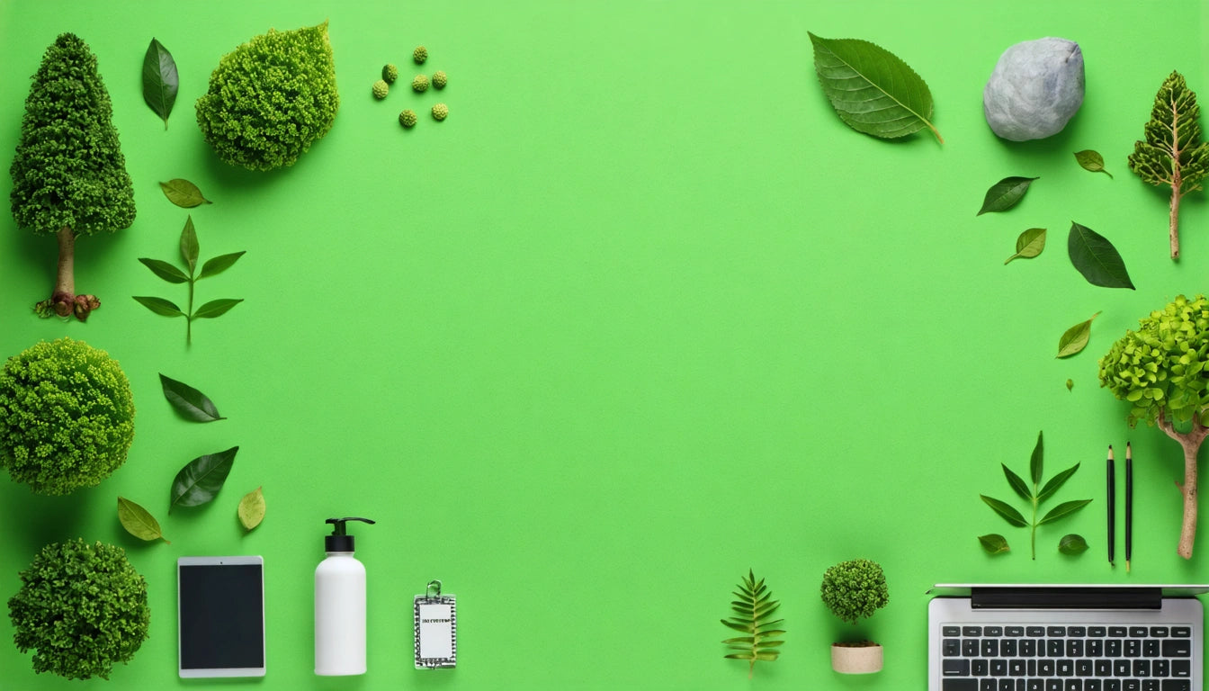 Green background with scattered leaves, small plants, a smartphone, a lotion bottle, a notepad, and a laptop corner