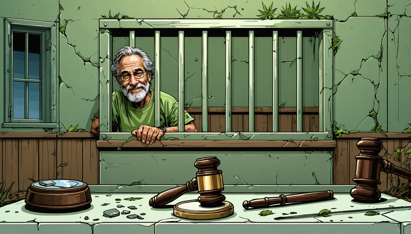 Elderly man with gray hair and beard behind bars, leaning on a cracked wall; gavel and broken glass on table in foreground