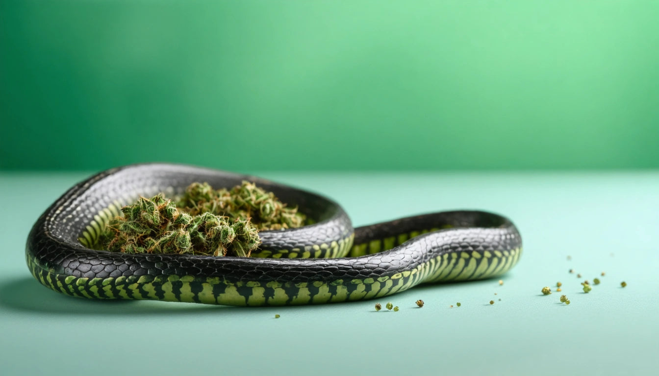 Black and yellow snake coiled around small green buds on a light green surface with a gradient green background