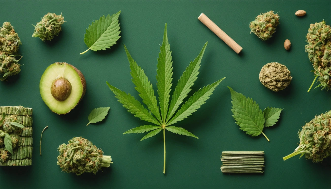 Green cannabis leaf centered on a green background, surrounded by buds, an avocado half, and a rolled paper