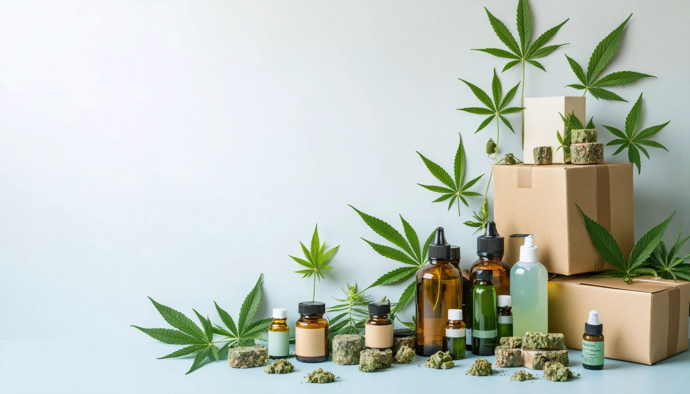 Assorted bottles and jars with green leaves and small plant buds on a light surface, cardboard boxes in the background