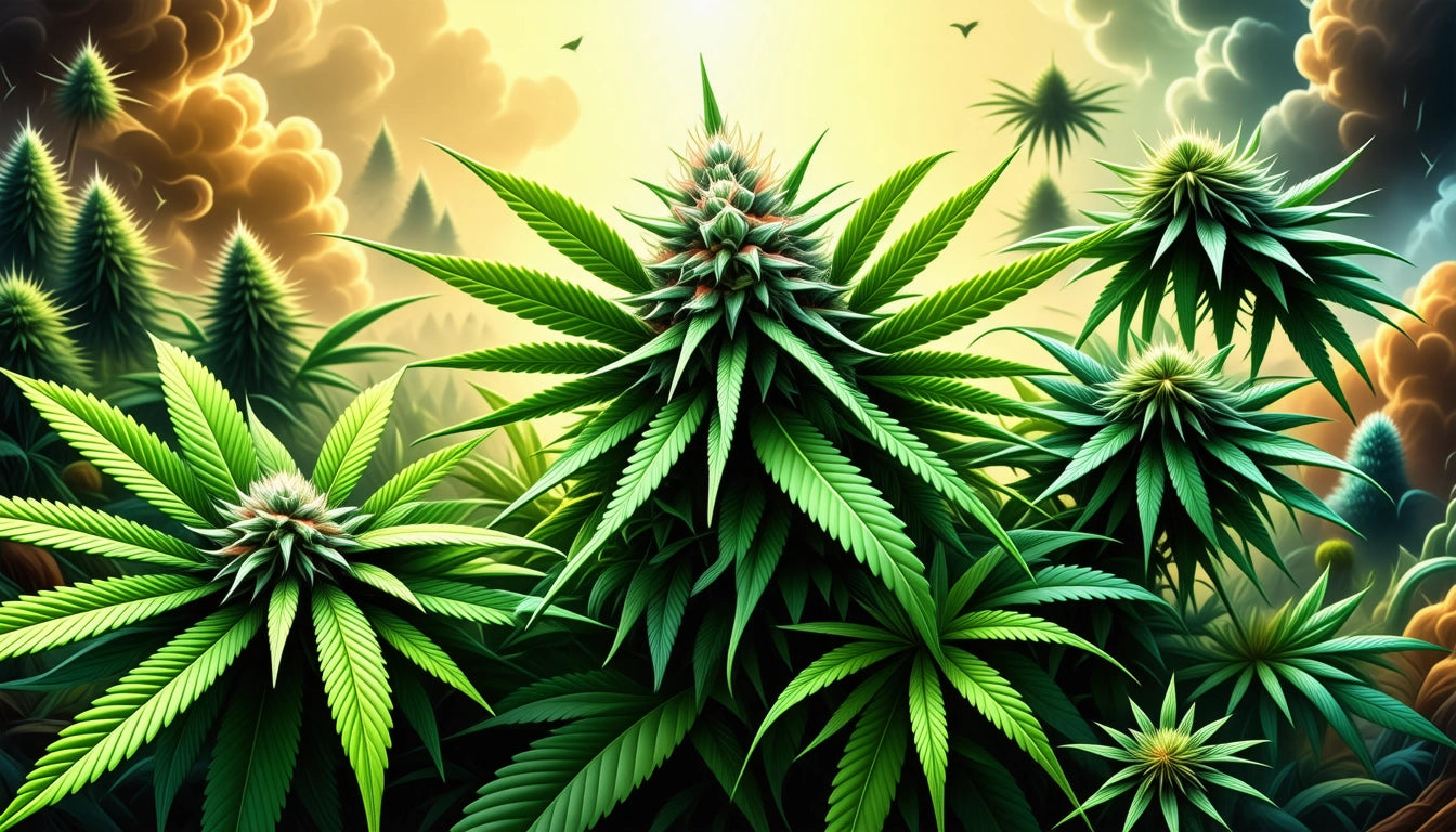 Dense green plants with pointed leaves and clustered buds, set against a backdrop of dramatic clouds and a bright sky