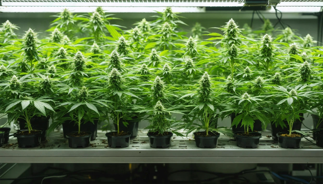 Rows of potted green plants with dense foliage under bright fluorescent lights on a metal shelf