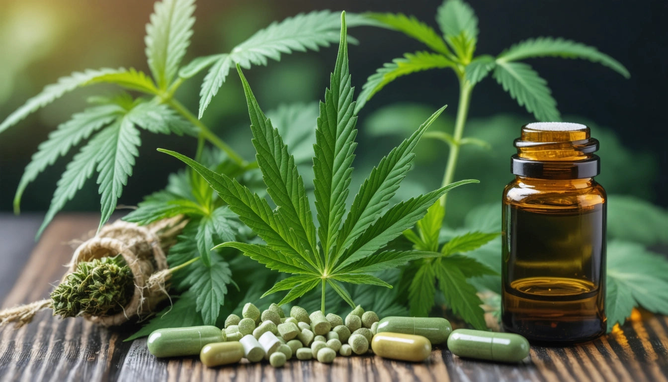 Green cannabis leaves, pills, and a brown glass bottle on a wooden surface, with a blurred background