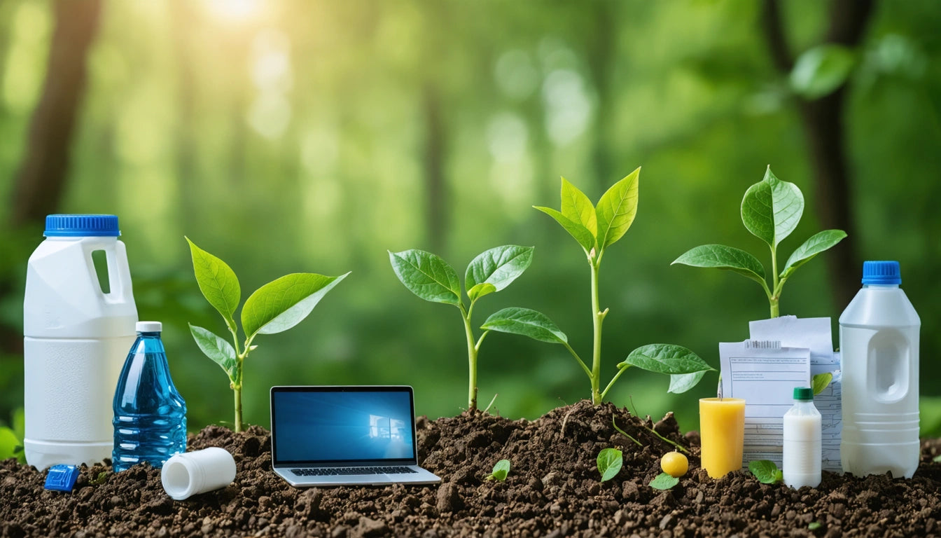 Laptop on soil surrounded by young plants, plastic bottles, and a juice carton, with a blurred green forest background