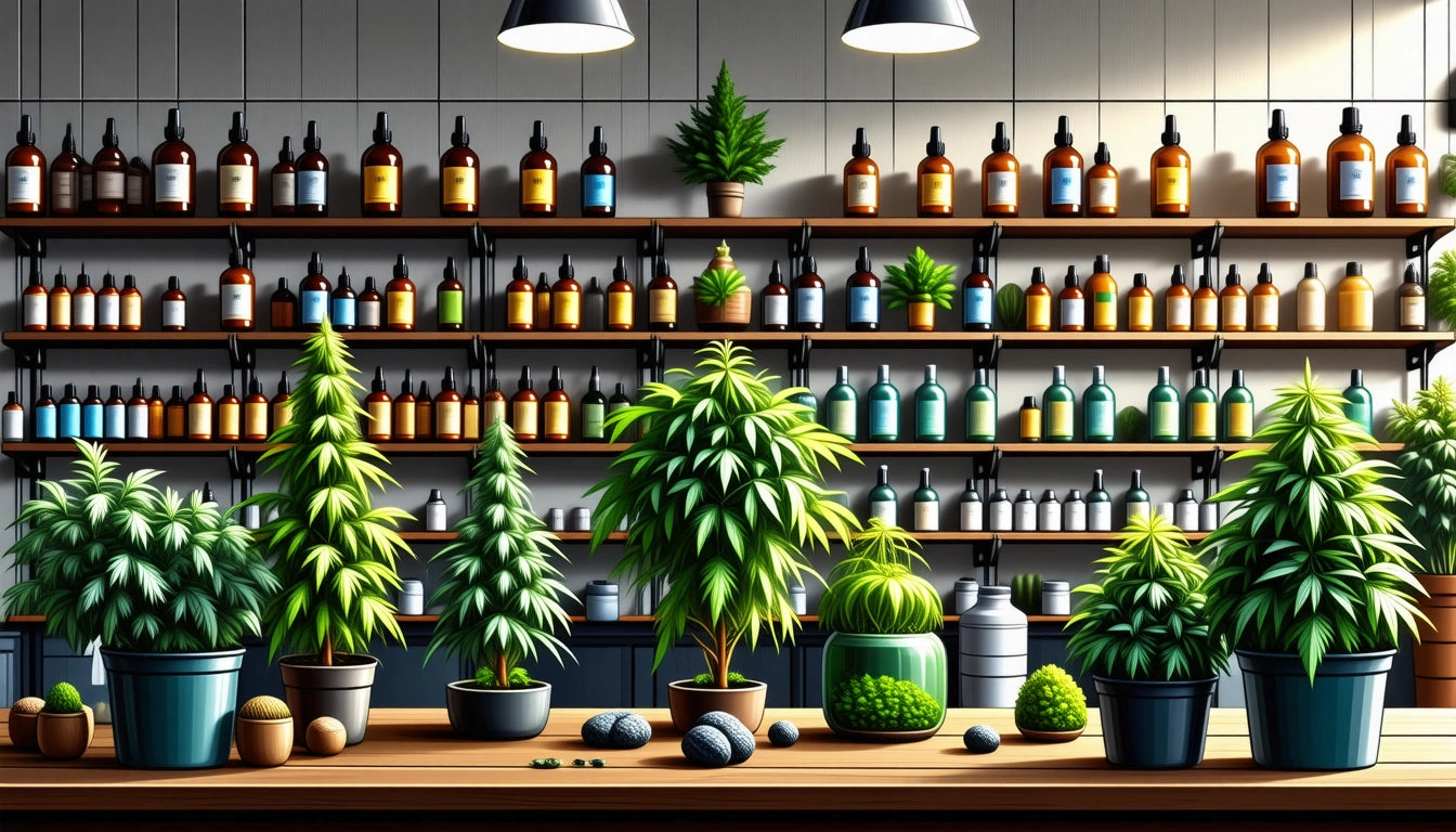 Potted plants on a wooden counter, shelves with bottles in the background, overhead lights illuminating the scene