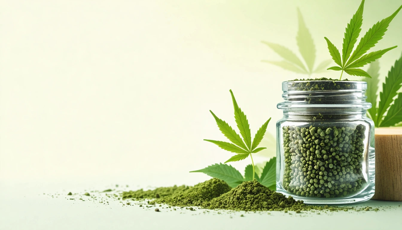 Glass jar filled with green pellets, surrounded by green leaves and powder on a light surface