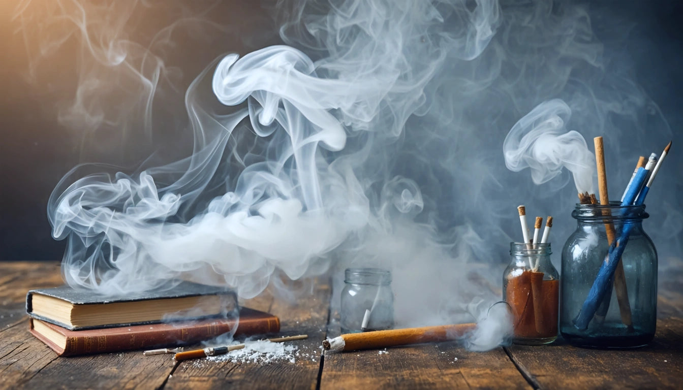 Smoke swirling above wooden table with open books, pencils in jars, and scattered pencil shavings