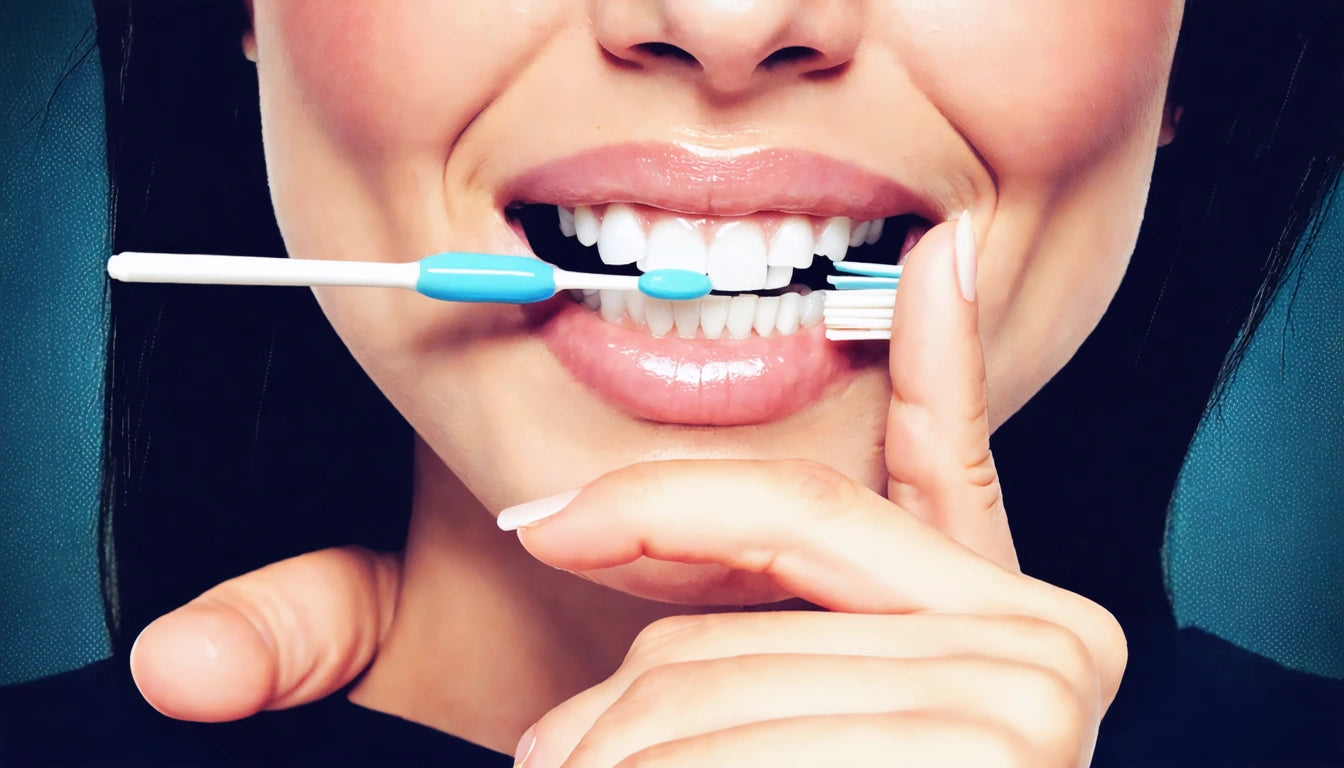 Smiling person holding a toothbrush horizontally between teeth, fingers touching chin, close-up on mouth and toothbrush