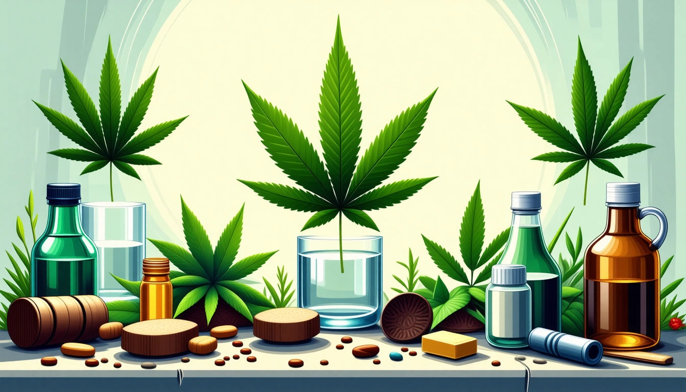 Various bottles and jars on a table with green leaves and plants, including a large leaf in a glass of water