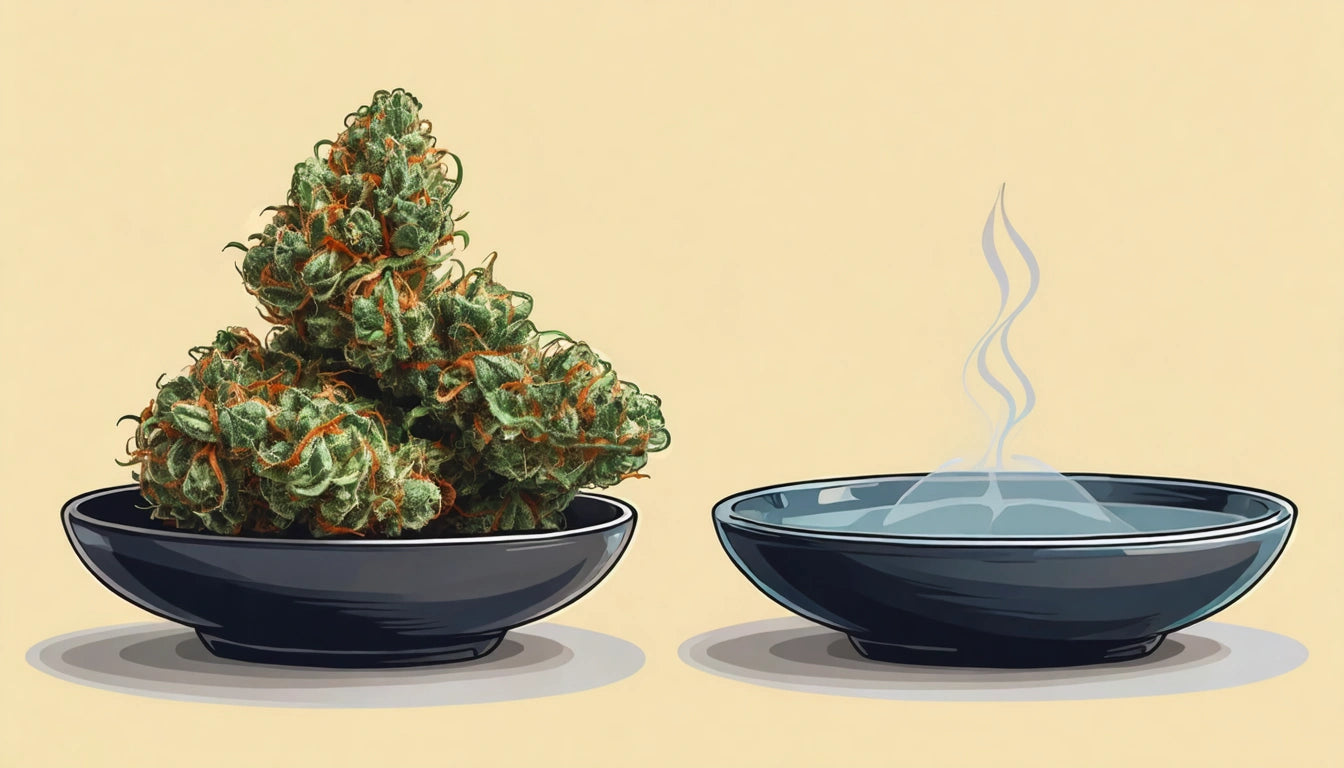 Two black bowls on a beige background; one with green, orange-tinted buds, the other with rising steam