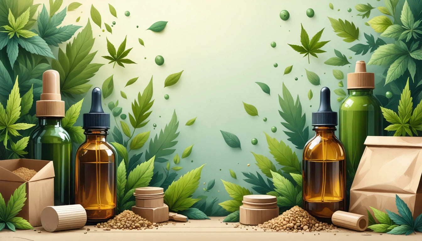 Amber dropper bottles, green leaves, and brown paper bags on a wooden surface with a light green background