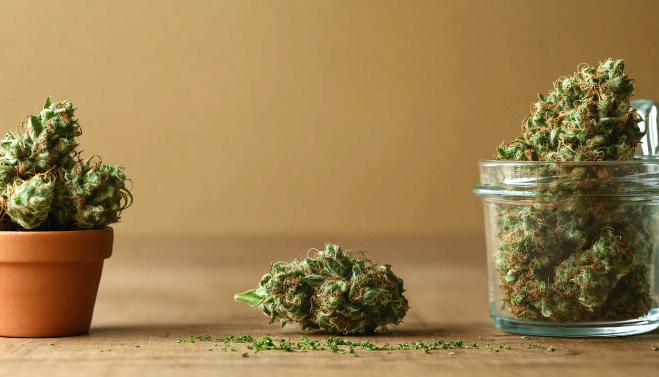 Glass jar with green buds, small terracotta pot with similar buds, and scattered green bits on wooden surface