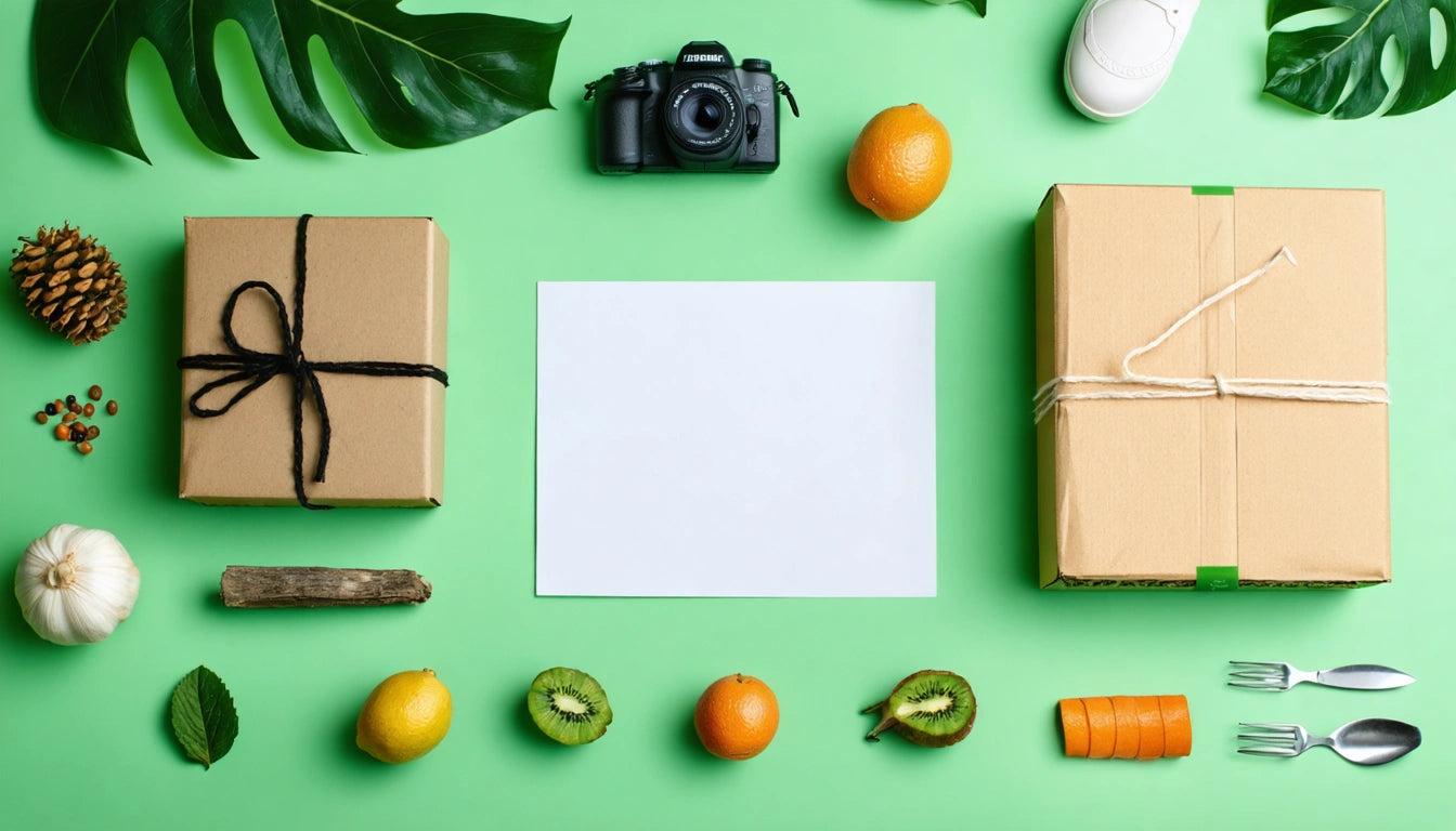 White paper on green surface, surrounded by camera, shoes, oranges, kiwi, lemons, wrapped boxes, leaves, and sushi