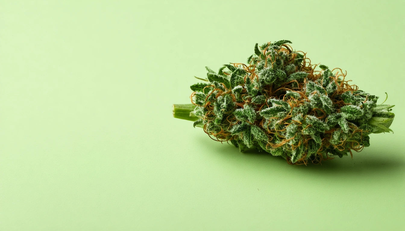 Green plant bud with orange strands on a light green background