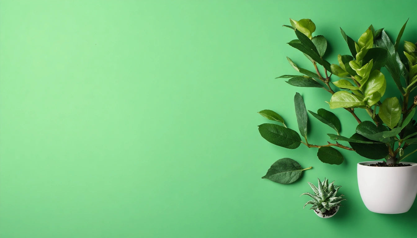 White pot with lush green leaves and small succulent on a bright green background