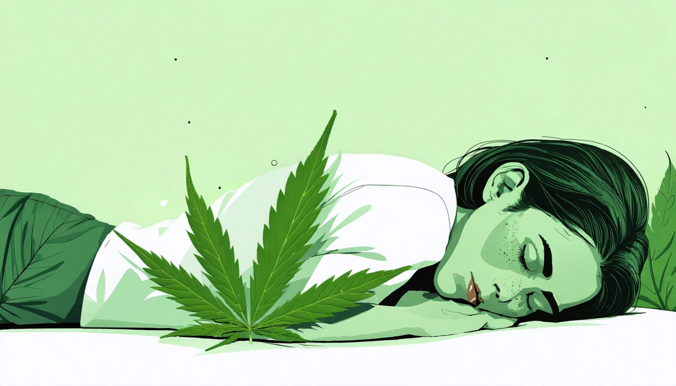 Woman with green skin sleeping on her side, large green leaf in foreground, light green background