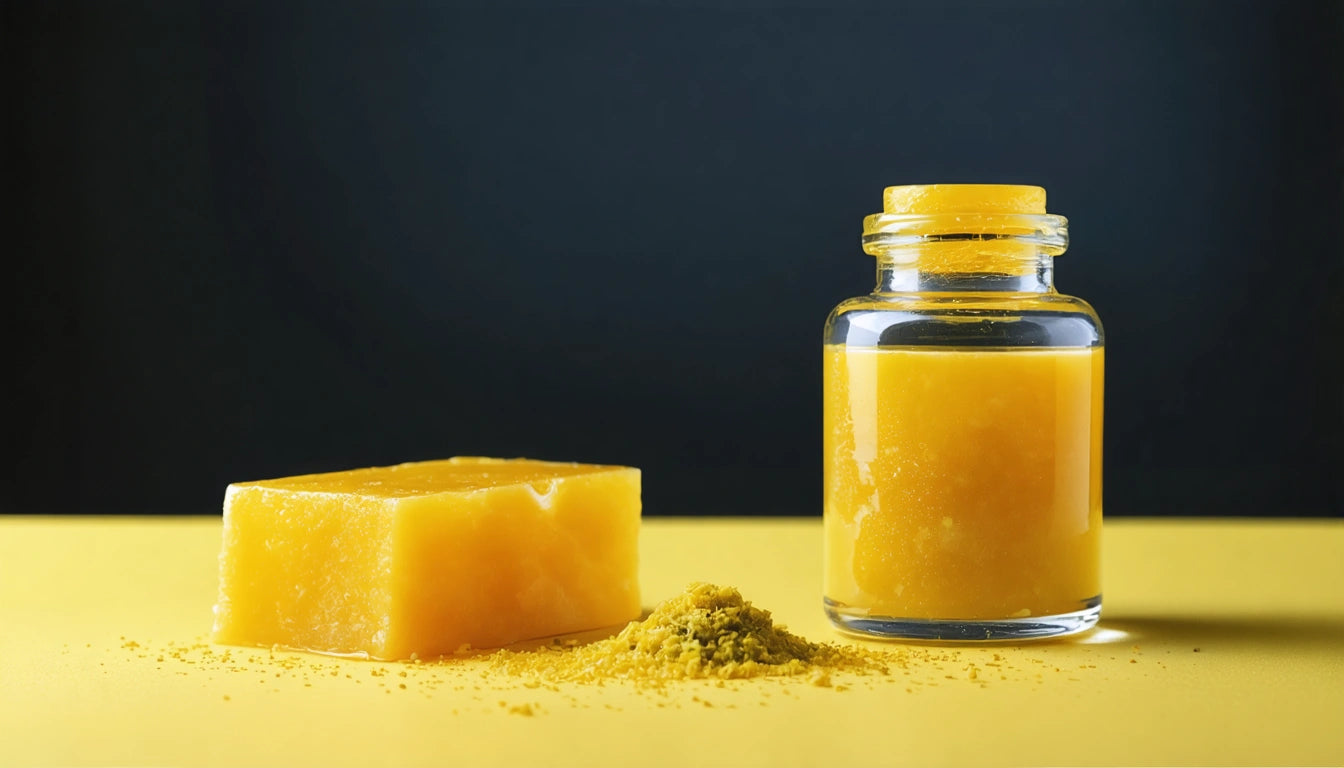 Yellow soap bar, small pile of yellow powder, and a glass jar with yellow liquid on a yellow surface against a dark background