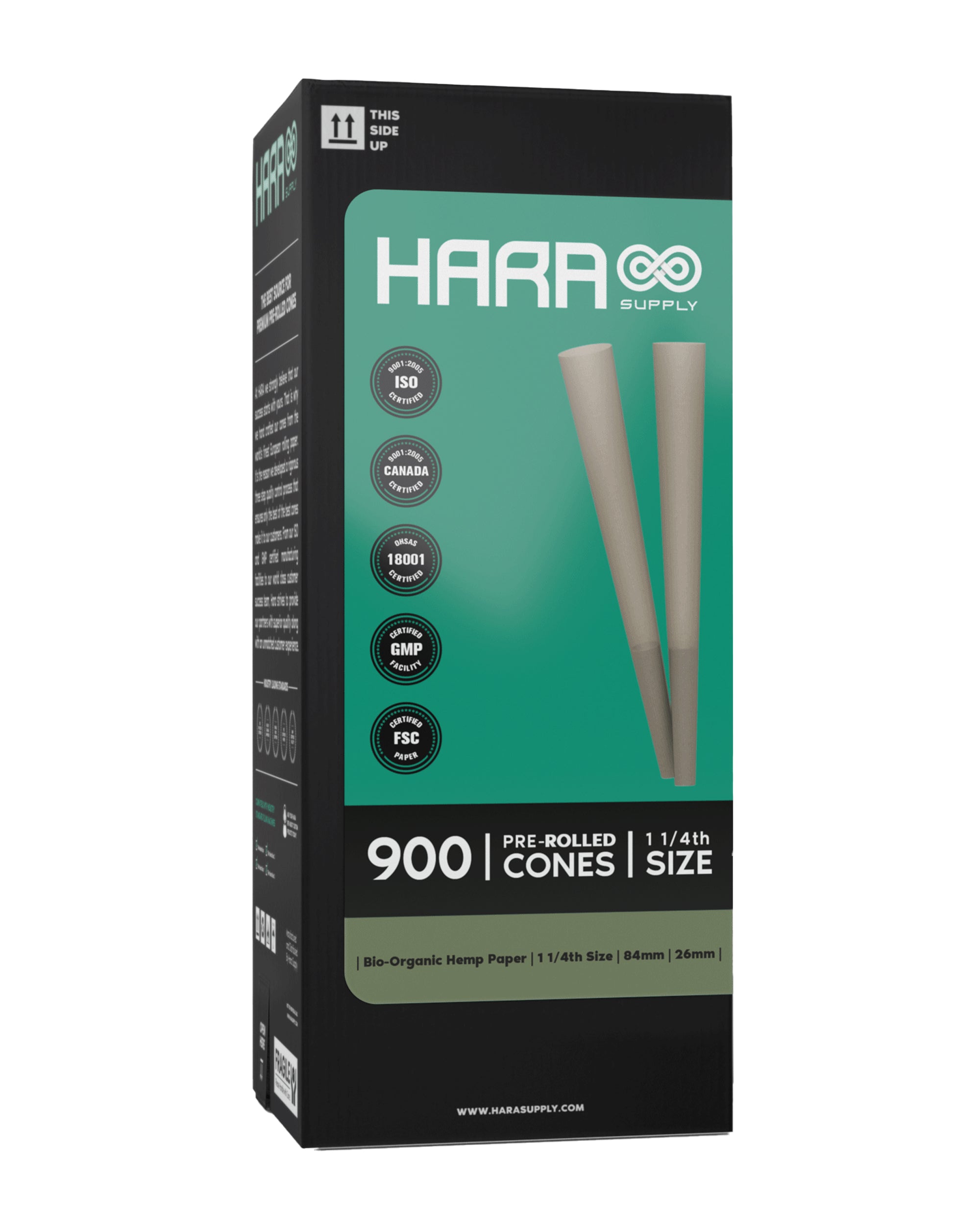 Hara Supply | 1 1/4 Size Pre-Rolled Cones w/ Filter Tip | 84mm - Organic Hemp - 900 Count