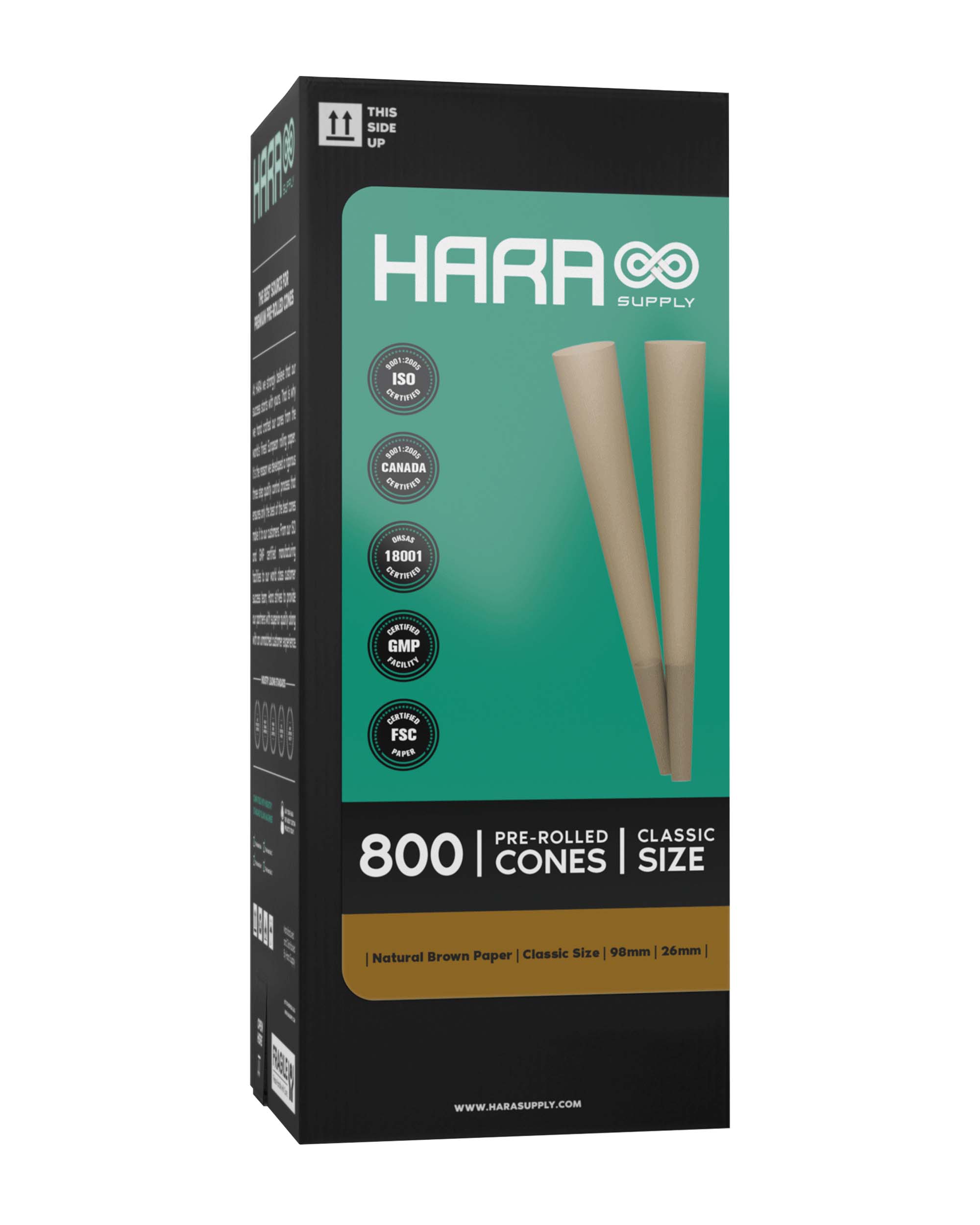 Hara Supply | Classic Size Unbleached Pre-Rolled Cones w/ Filter Tip | 98mm - Brown Paper - 800 Count