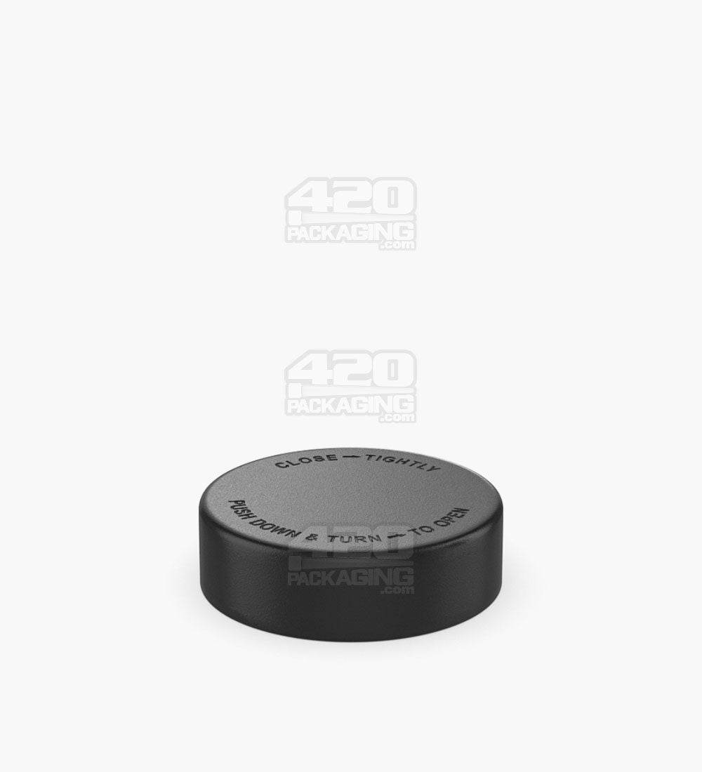 Child Resistant | Smooth Push Down & Turn Plastic PCR Caps w/ Text & Foam Liner | 50mm - Matte Black - 100 Count