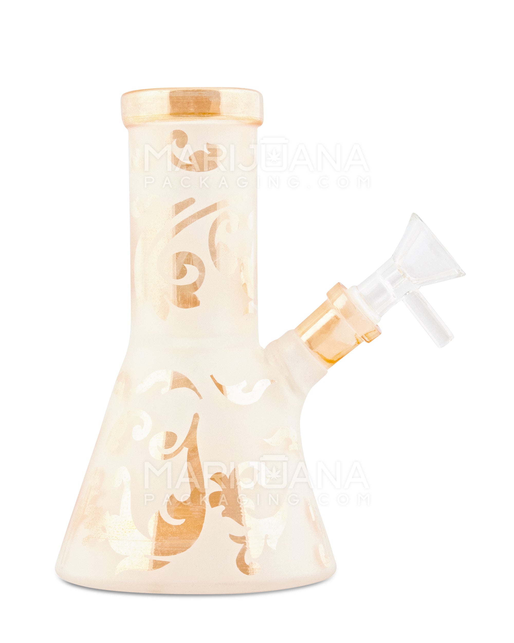Straight Neck Frosted Leaf Glass Mini Beaker Water Pipe w/ Ice Catcher | 6in Tall - 14mm Bowl - Amber