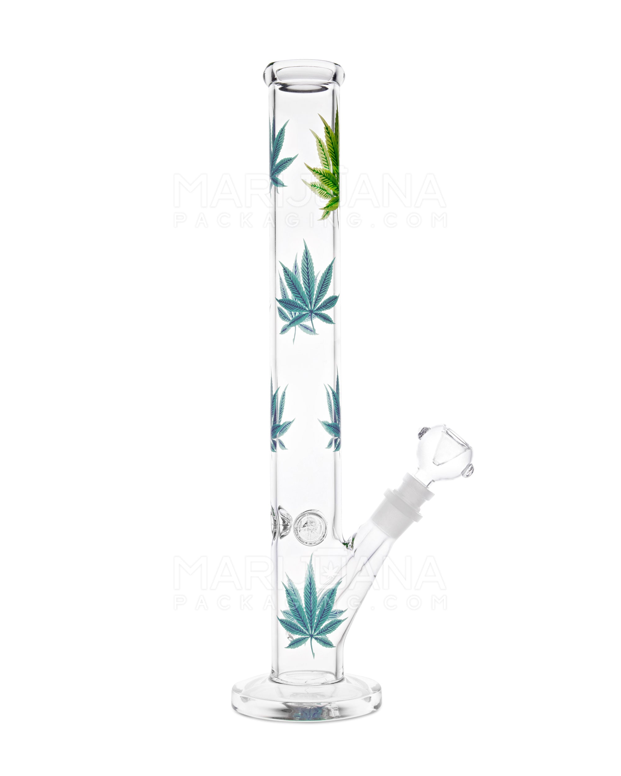 Straight Neck Leaf Decal Glass Straight Shooter Water Pipe w/ Ice Catcher | 14in Tall - 14mm Bowl - Assorted