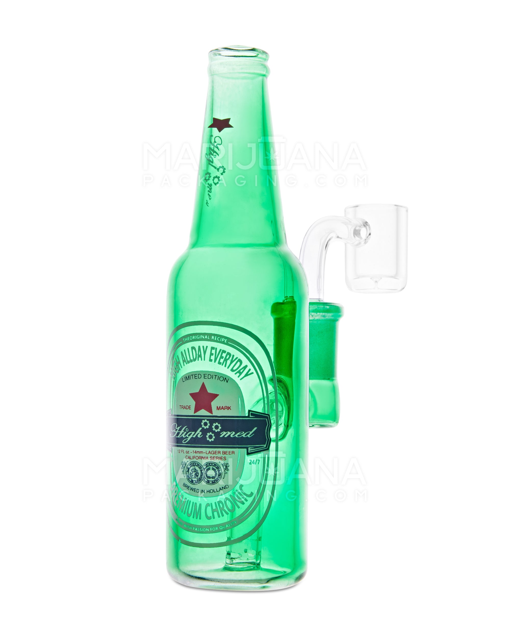 USA Glass | Straight Neck Mini Beer Bottle Water Pipe | 6in Long - 14mm Bowl - Green - 1