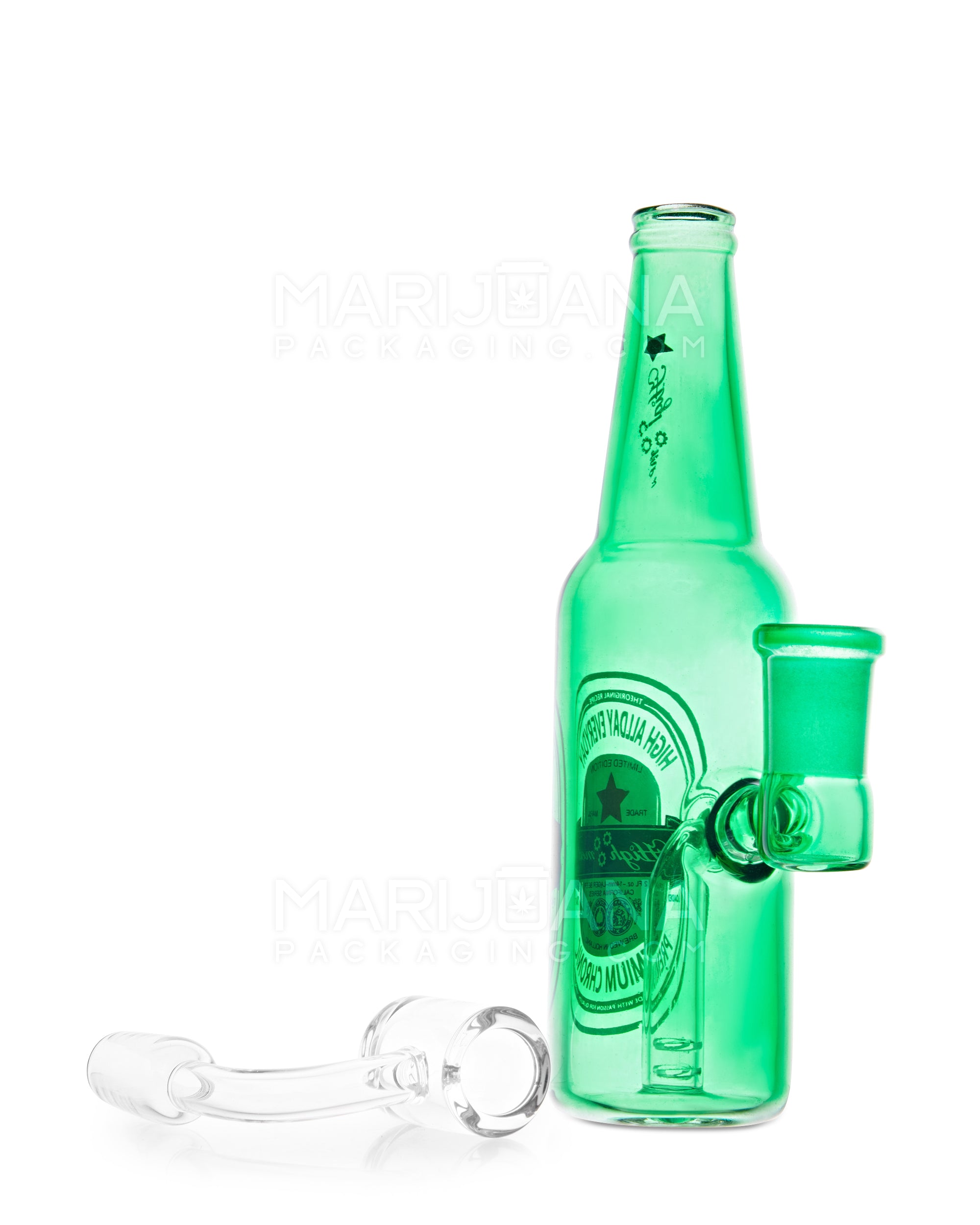 USA Glass | Straight Neck Mini Beer Bottle Water Pipe | 6in Long - 14mm Bowl - Green - 3