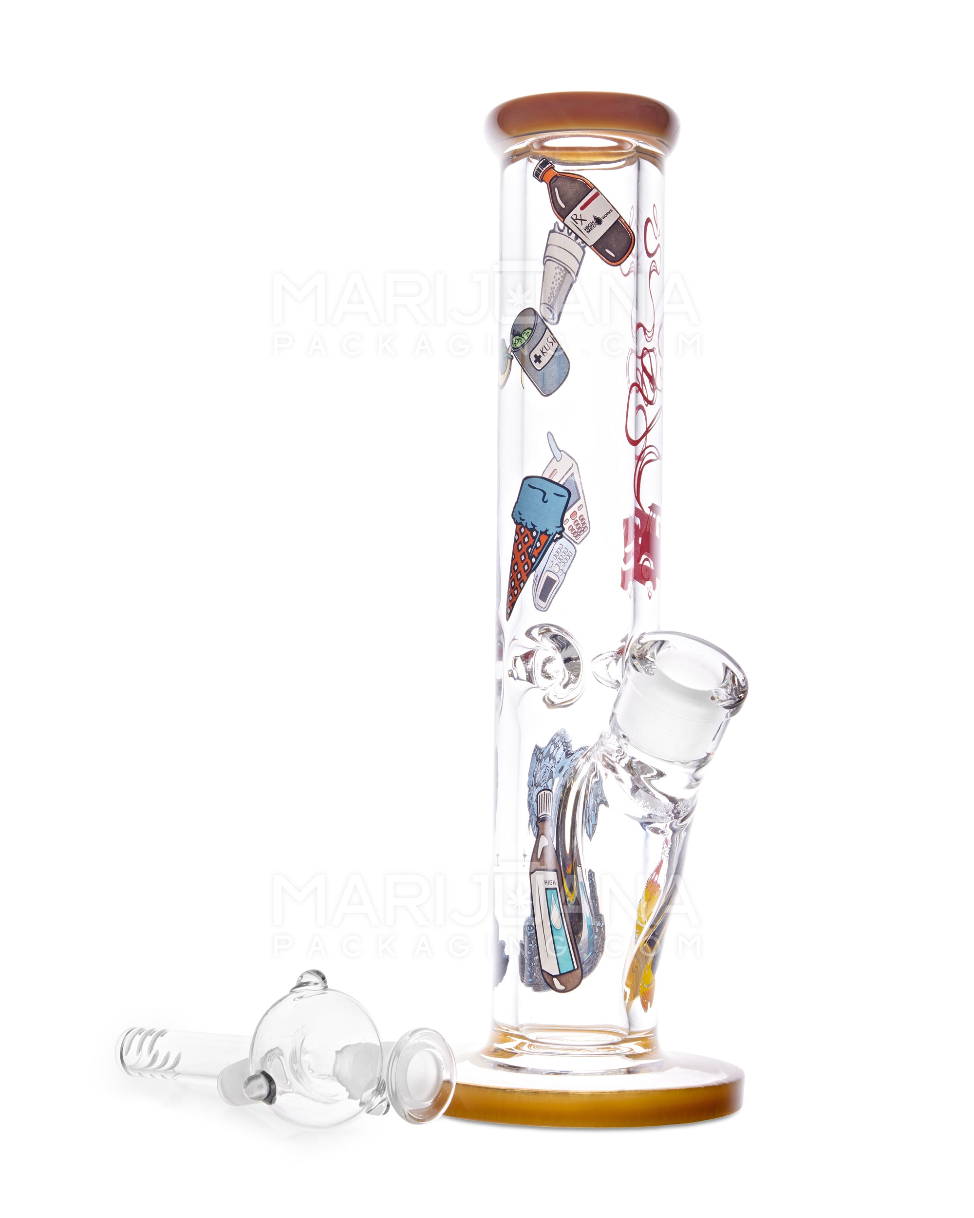 USA Glass | Straight Heavy Glass Water Pipe w/ Decals | 12in Tall - 18mm Bowl - Amber