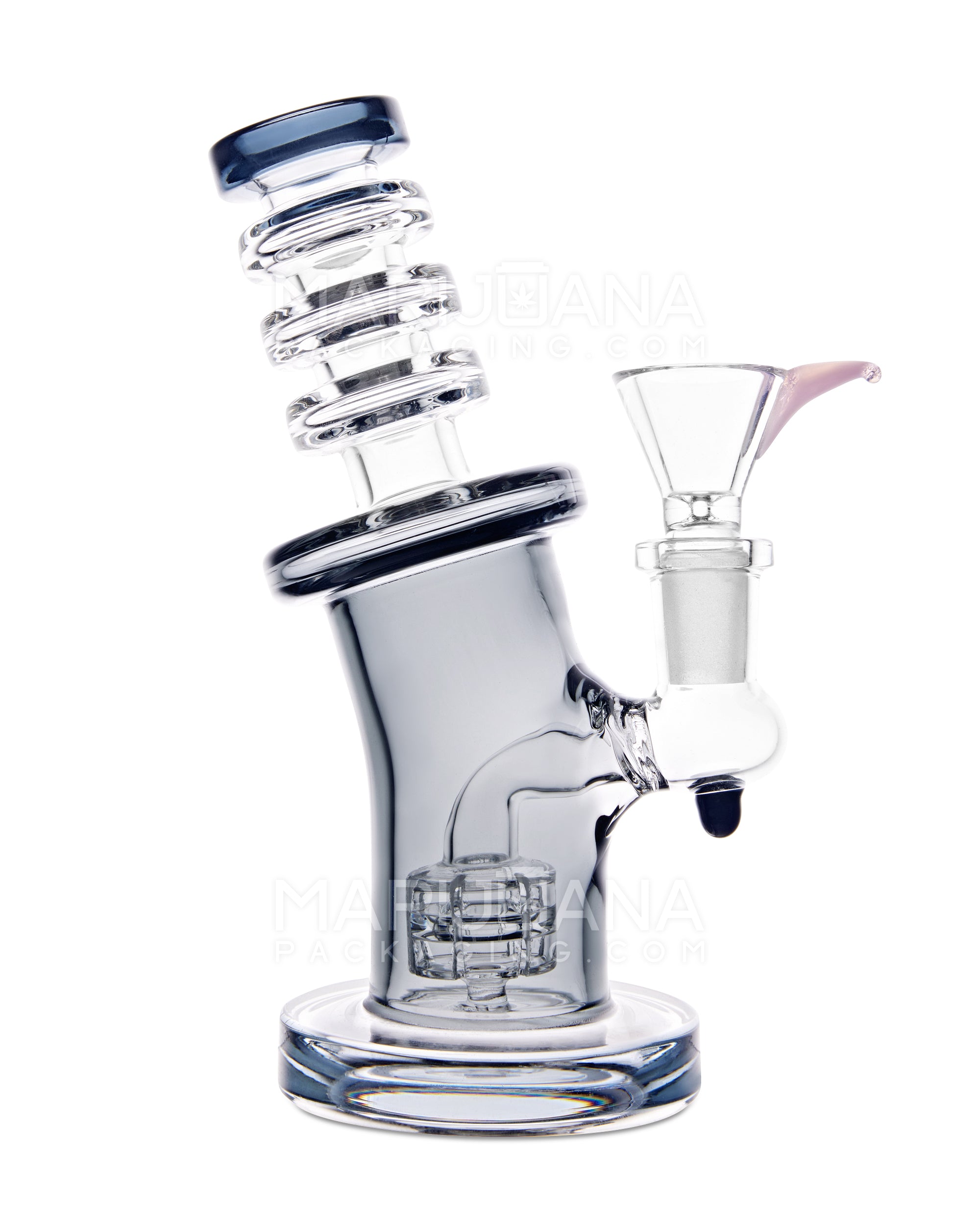 Bent Neck Ringed Triple Glass Water Pipe w/ Thick Base | 6.5in Tall - 14mm Bowl - Smoke