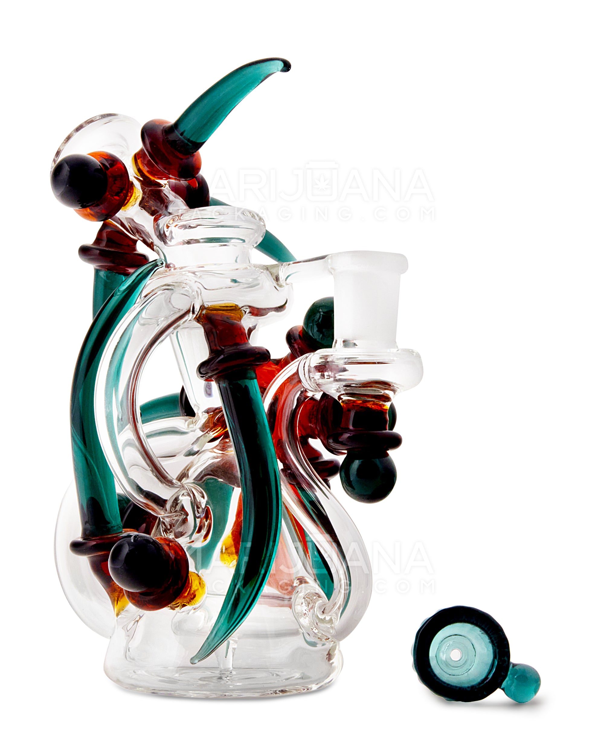USA Glass | Bent Neck Claw Design Recycler Water Pipe | 7in Tall - 14mm Bowl - Teal Amber - 2