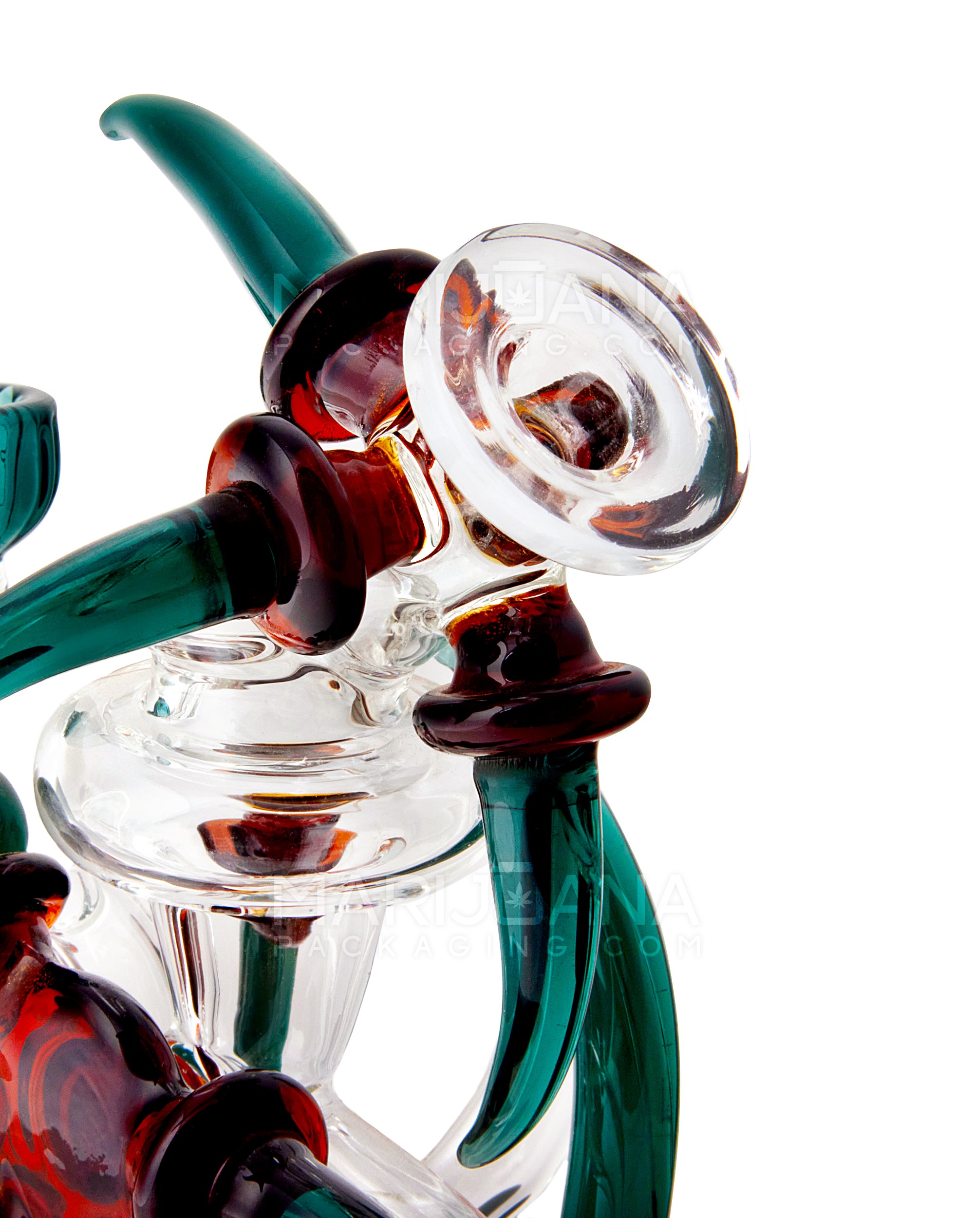USA Glass | Bent Neck Claw Design Recycler Water Pipe | 7in Tall - 14mm Bowl - Teal Amber - 4