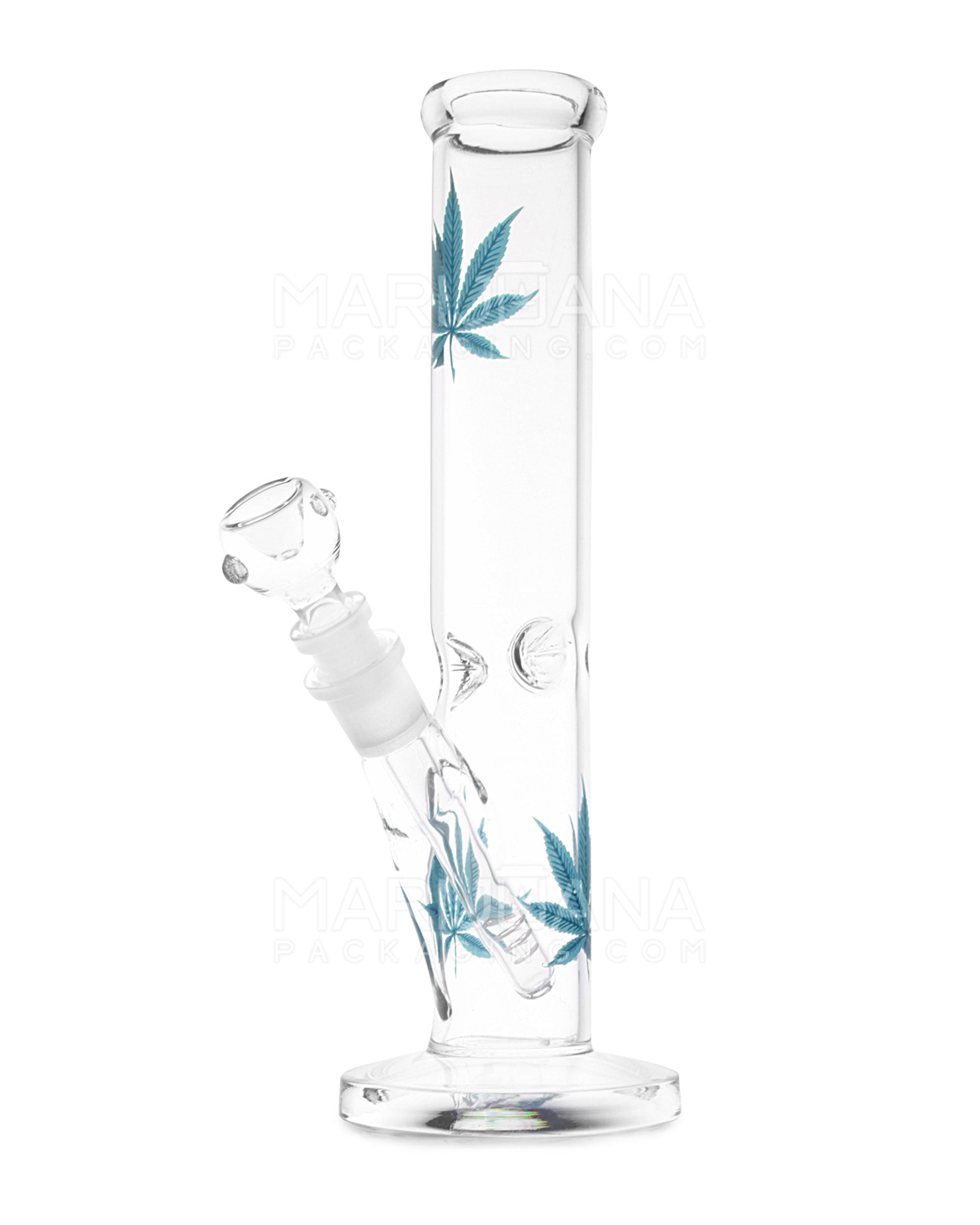 Straight Neck Leaf Decal Glass Straight Shooter Water Pipe w/ Ice Catcher | 10in Tall - 14mm Bowl - Blue